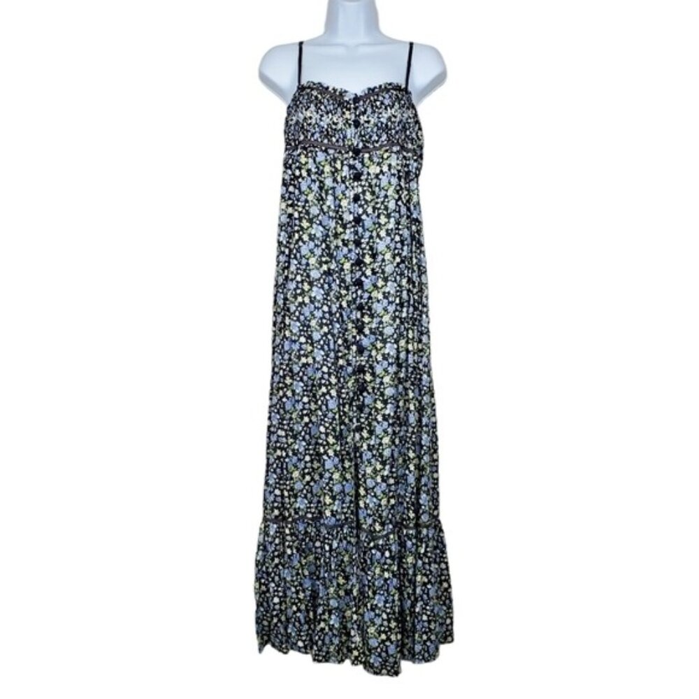 Free People Womens Sleeveless Black Blue Floral Print Midi Dress Size S